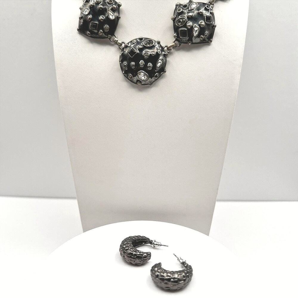Vintage 90s Black Enamel Rhinestone Jewelry Set Silver-Tone Chunky Retro Hoop
